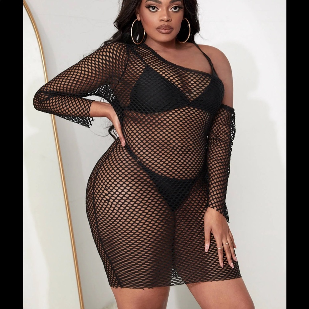 Plus Asymmetrical Sheer Fishnet Dress